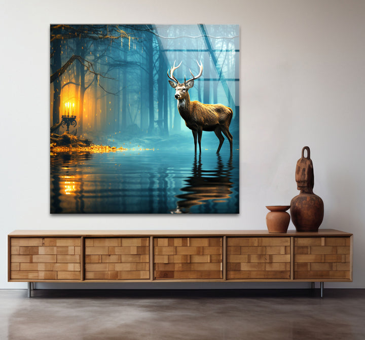 Mystische Wald Hirsch Wandkunst – Verzauberte Natur Glasdruck Dekor