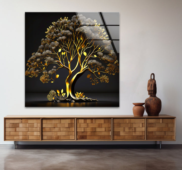 Golden Tree Wandkunst – Luxuriöses Gold- und Schwarz-Natur-Glasdruckdesign