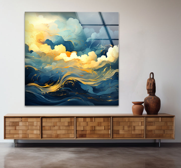 Goldener Himmel &amp; Meereswellen Wandkunst – Abstrakter Glasdruck von Dreamy Horizon 