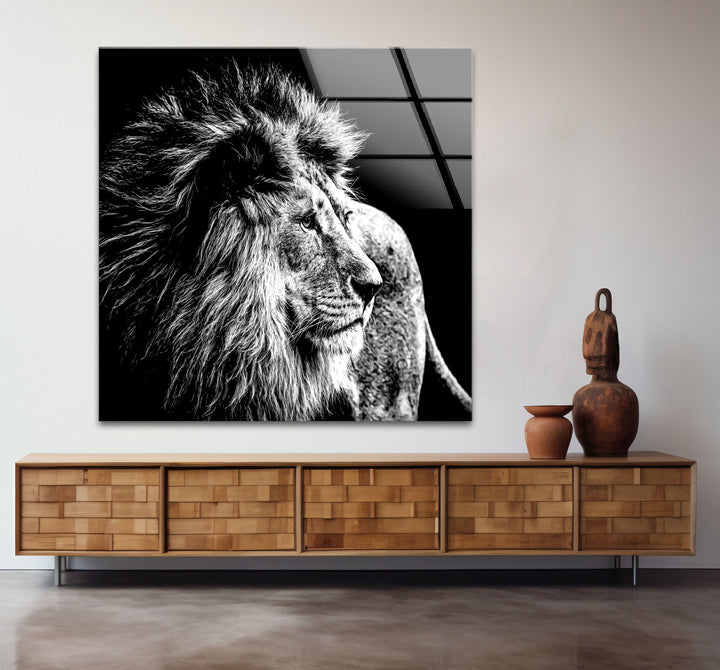 Black and White Lion Wall Art – Majestic Wildlife Glass Print Design