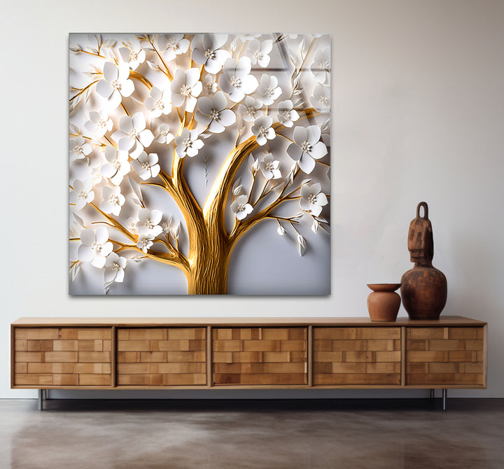 Golden Blooming Tree Wandkunst – Weißer Blumenglasdruck für elegantes Dekor