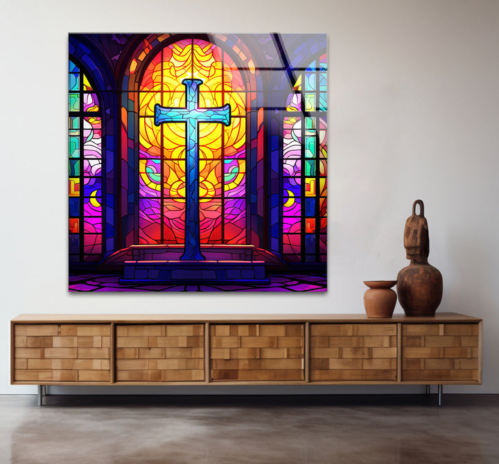 Stained Glass Church Cross Wall Art – Colorful Christian Glass Print Design