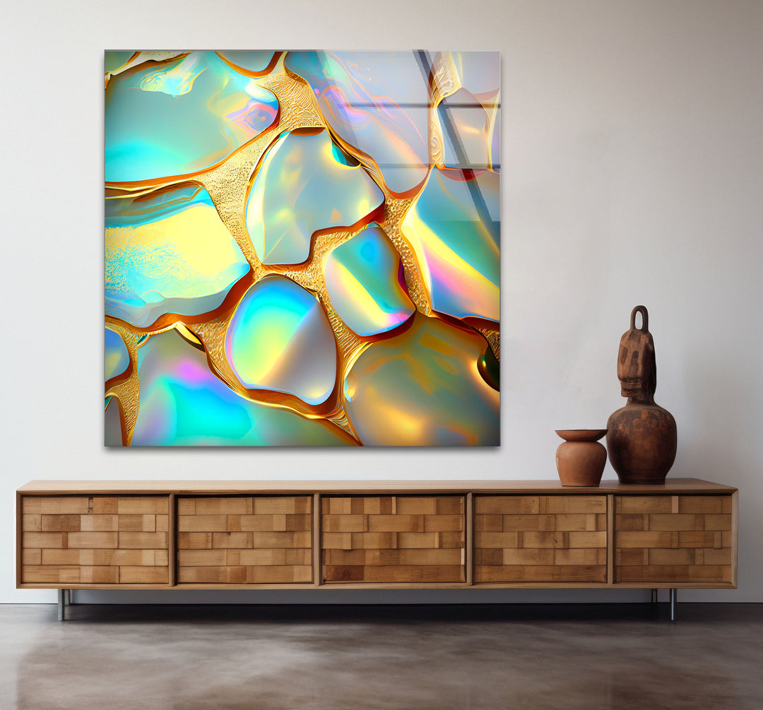 Iridescent Abstract Wall Art – Gold and Rainbow Glass Print Design