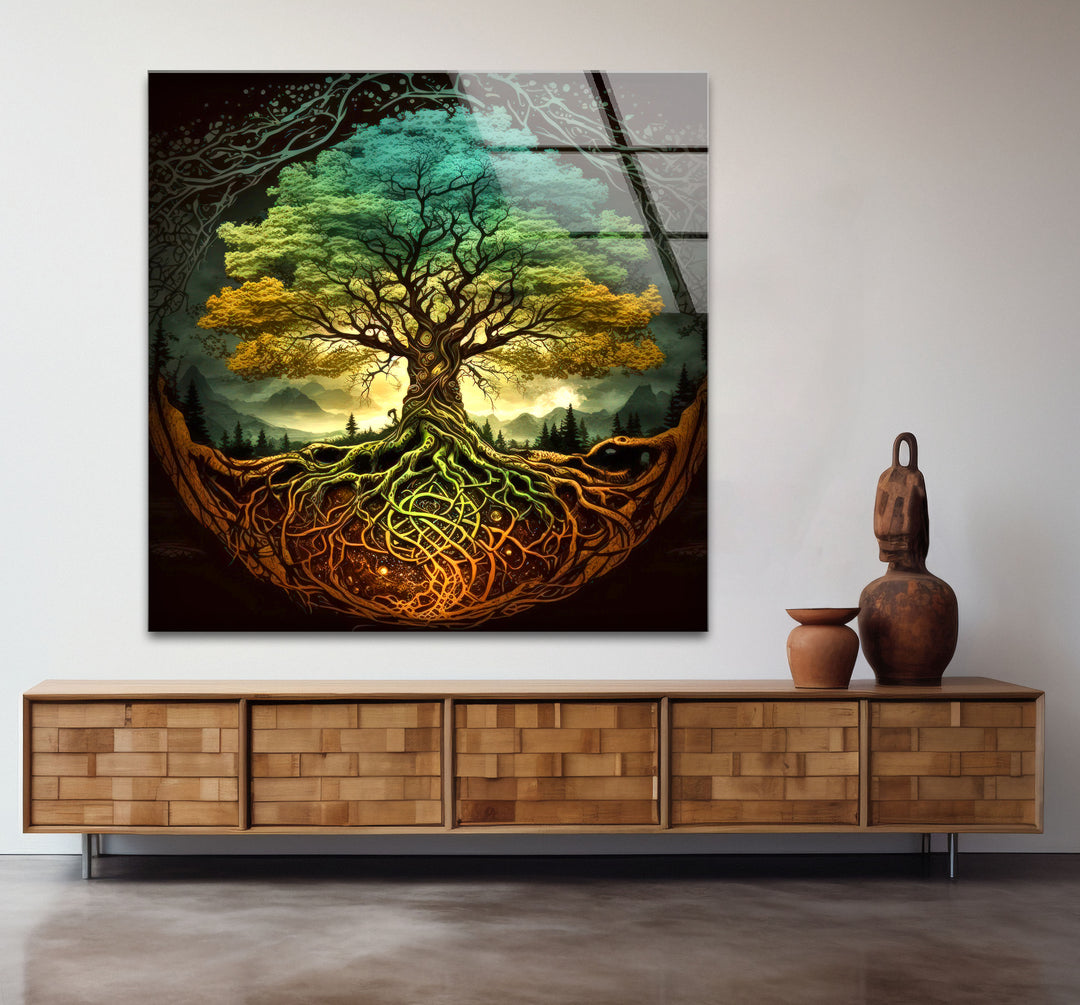 Wandkunst „Baum des Lebens“ – Lebendige Wurzeln und Waldenergie-Glasdruckdesign