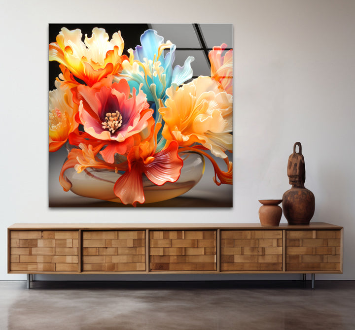 Color Bloom Glaswandkunst – Lebendiger floraler abstrakter Druck 
