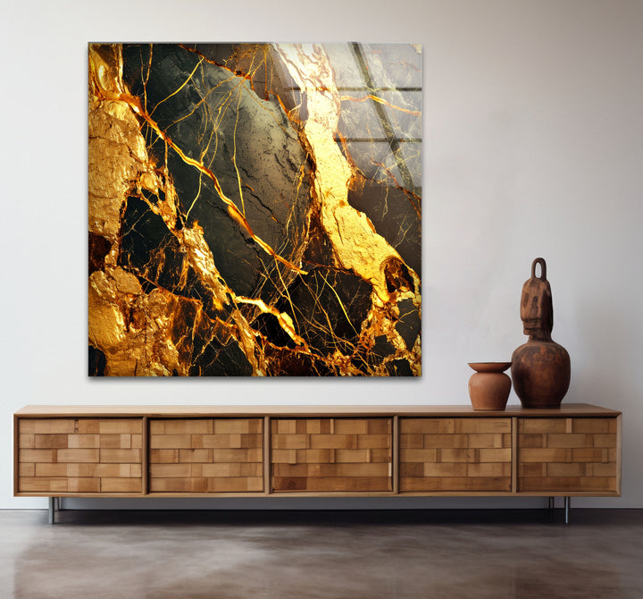 Gold Marble Abstract Wall Art – Luxury Black and Gold Glass Print Design