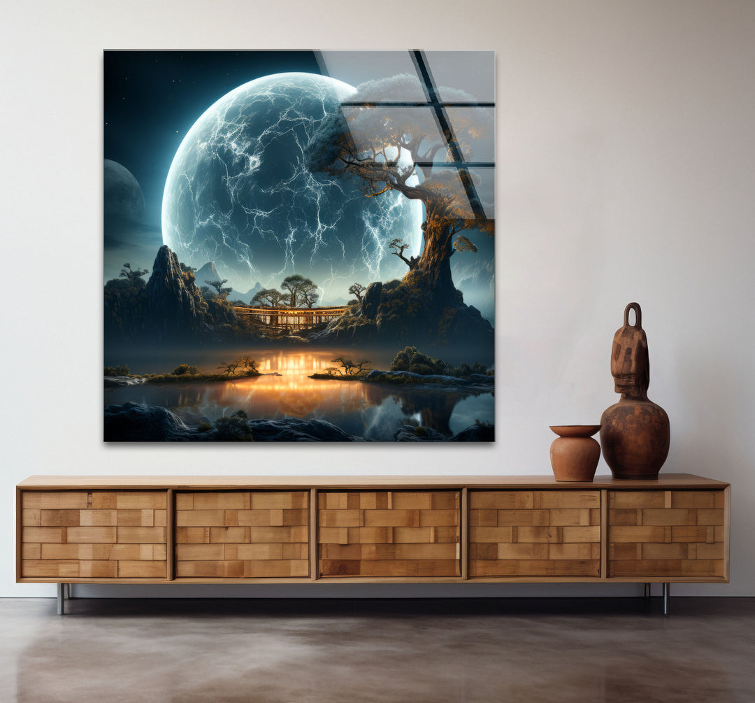 Moonlit Zen Temple Wall Art – Futuristic Landscape Glass Print