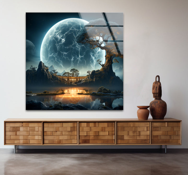 Moonlit Zen Temple Wall Art – Futuristic Landscape Glass Print