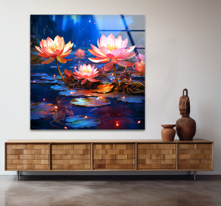 Enchanted Lotus Bloom Wall Art – Tranquil Water Lily Glass Print