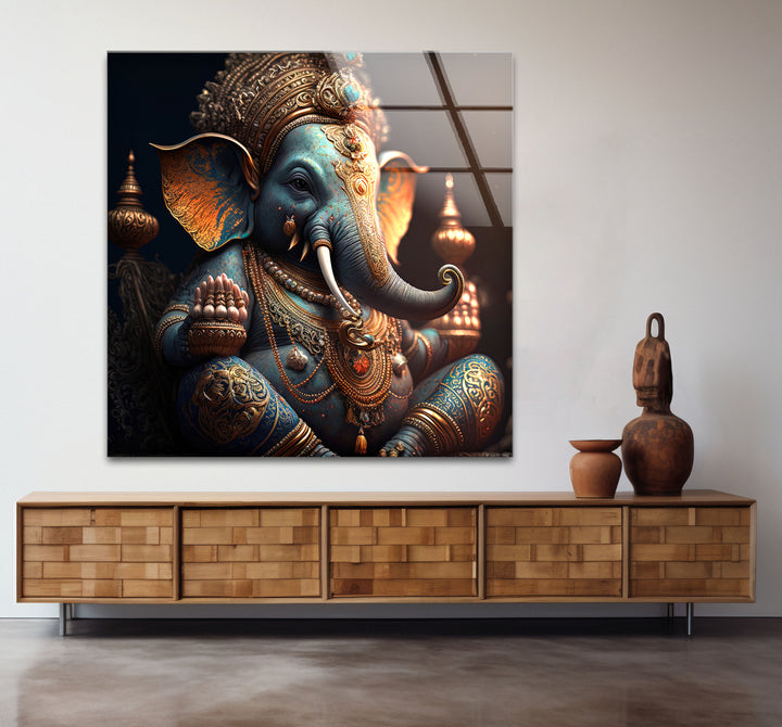 Royal Ganesha Wall Art – Luxurious Hindu Deity Glass Print Décor