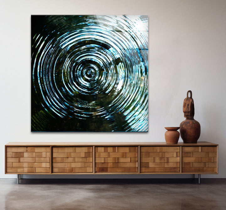 Water Ripple Abstract Wall Art – Blue Circular Wave Glass Print Design