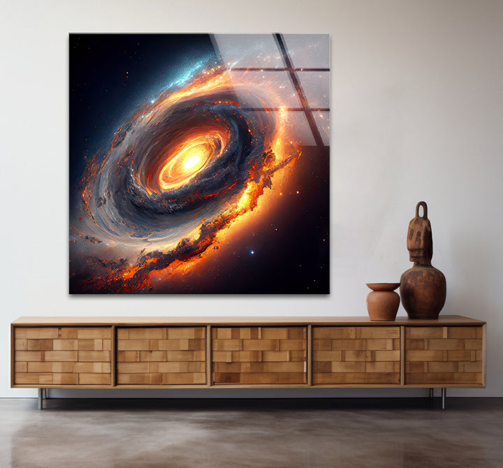 Feurige Galaxie-Spiralwandkunst – Glasdruck mit Weltraumnebel 