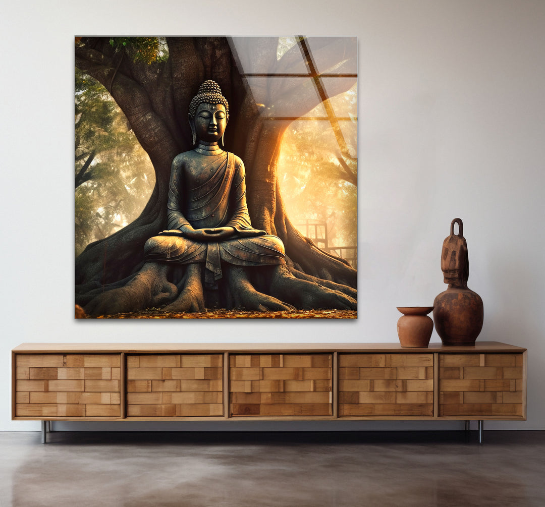 Buddha Under Tree Wall Art – Tranquil Sunrise Meditation Glass Print