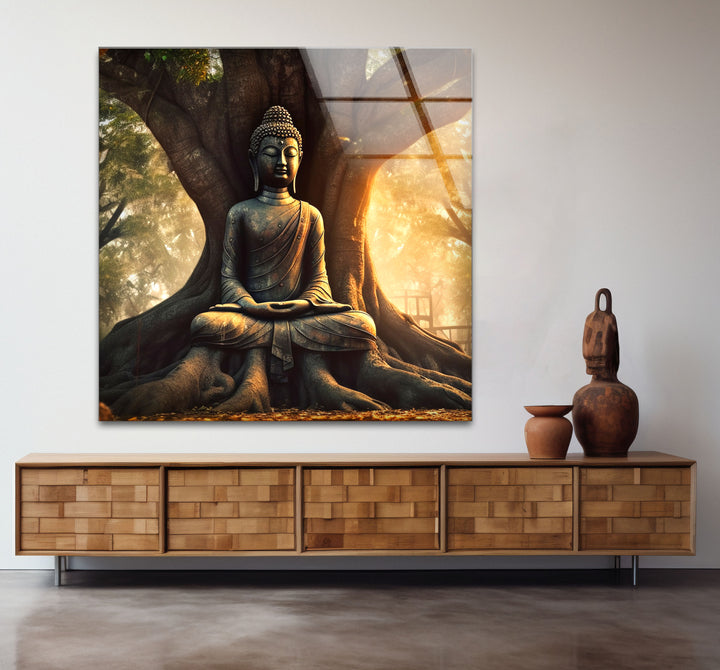 Buddha Under Tree Wall Art – Tranquil Sunrise Meditation Glass Print