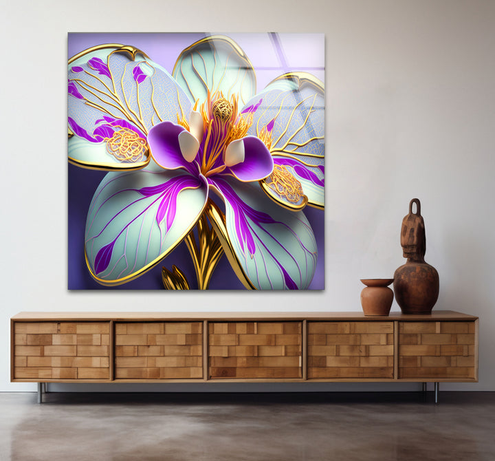 Luxuriöse Wandkunst mit Orchideenblüte – Lila- und Goldblumen-Glasdruck