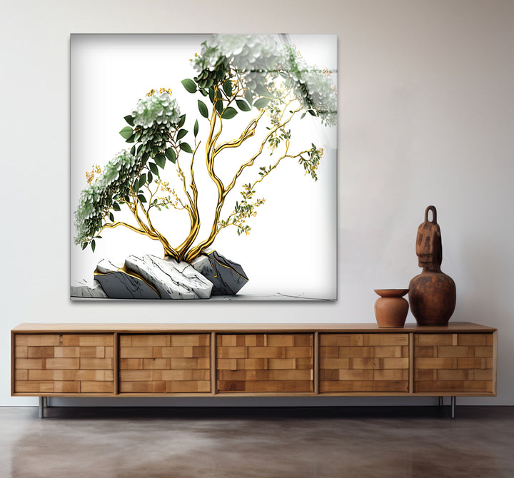 Goldene Bonsai-Baum-Wandkunst – Weißer Blumenglasdruck mit Marmorsteinen