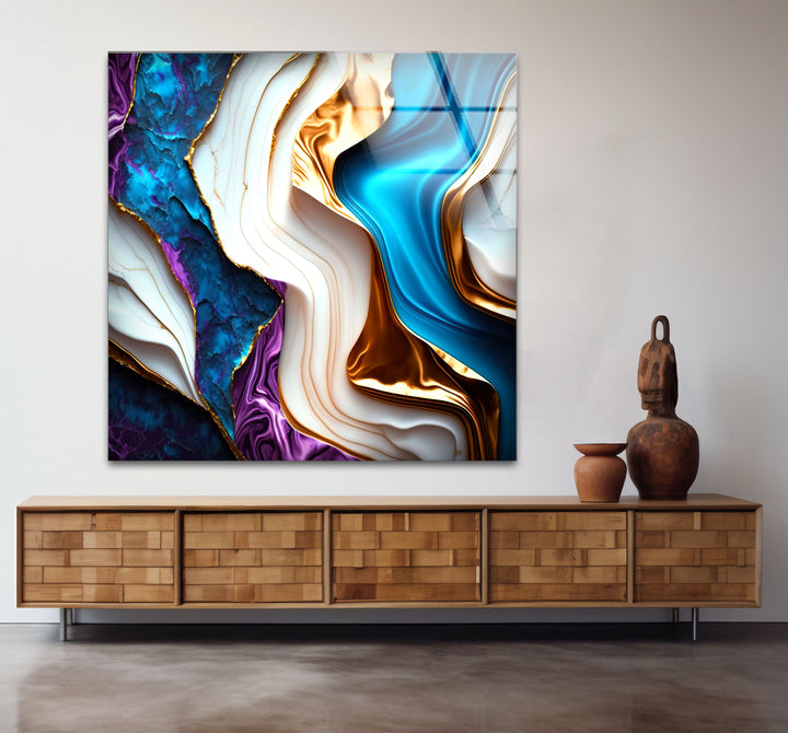 Colorful Marble Abstract Wall Art – Blue, Purple & Gold Glass Print Design