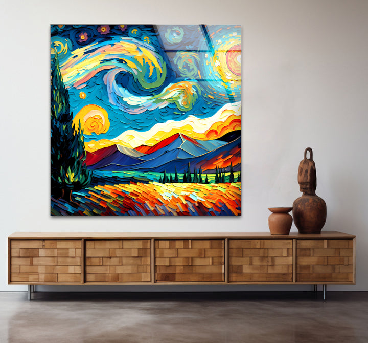 Sternennacht-Landschaftswandkunst – Van Gogh inspirierter bunter Glasdruck