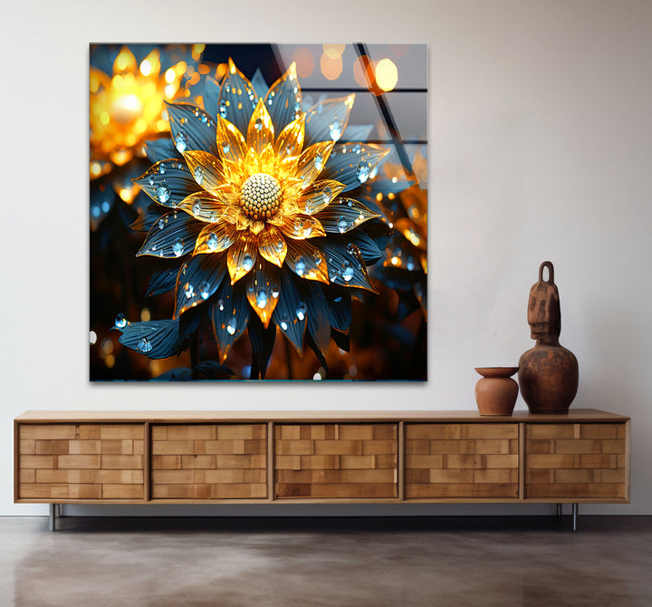 Golden Glow Floral Wall Art – Illuminated Flower Glass Print Design