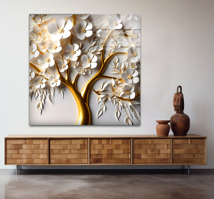 Golden Blossom Tree Wandkunst – Weißes Blumenglaskunstwerk für elegantes Dekor