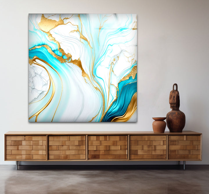 Wandkunst aus blauem und goldenem Marmor – Eleganter, fließender abstrakter Glasdruck