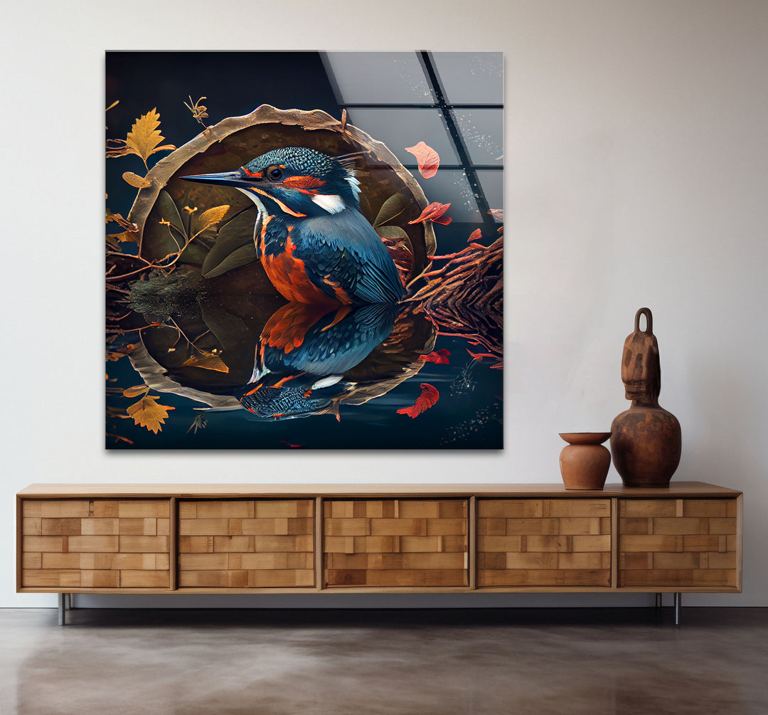 Eisvogel-Reflexion Wandkunst – Herbstwaldvogel-Glasdruck-Design