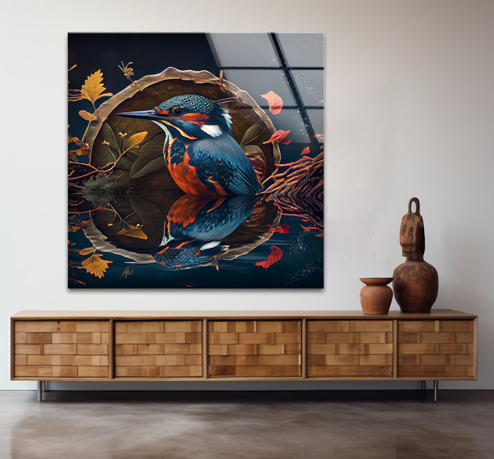 Eisvogel-Reflexion Wandkunst – Herbstwaldvogel-Glasdruck-Design