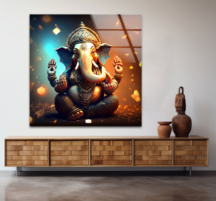 Golden Lord Ganesha Wall Art – Spiritual Glass Print for Sacred Decor