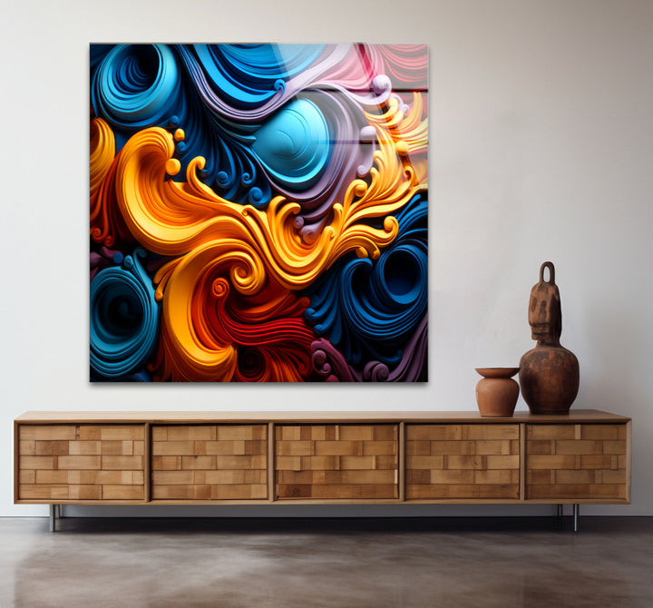 Vibrant Swirl Glass Wall Art – Bold Abstract Color Wave Design