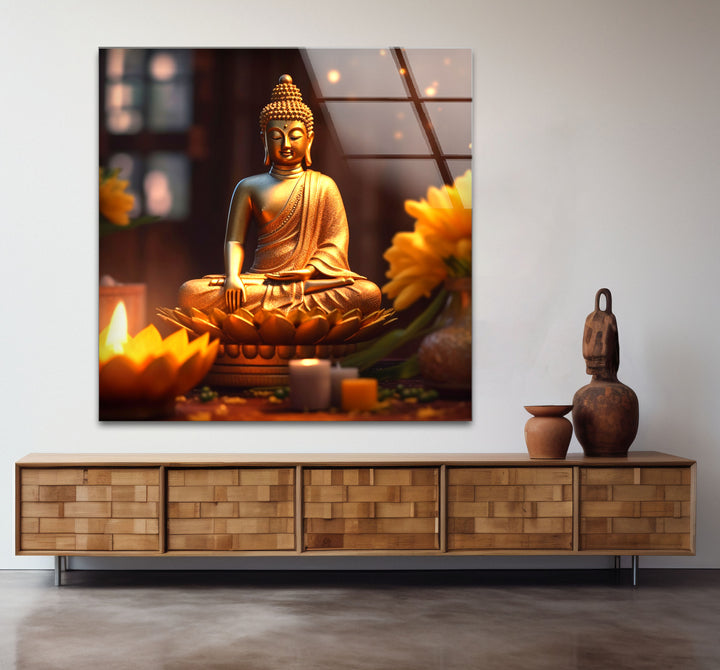 Golden Buddha Serenity Wall Art – Peaceful Candlelit Meditation Glass Print