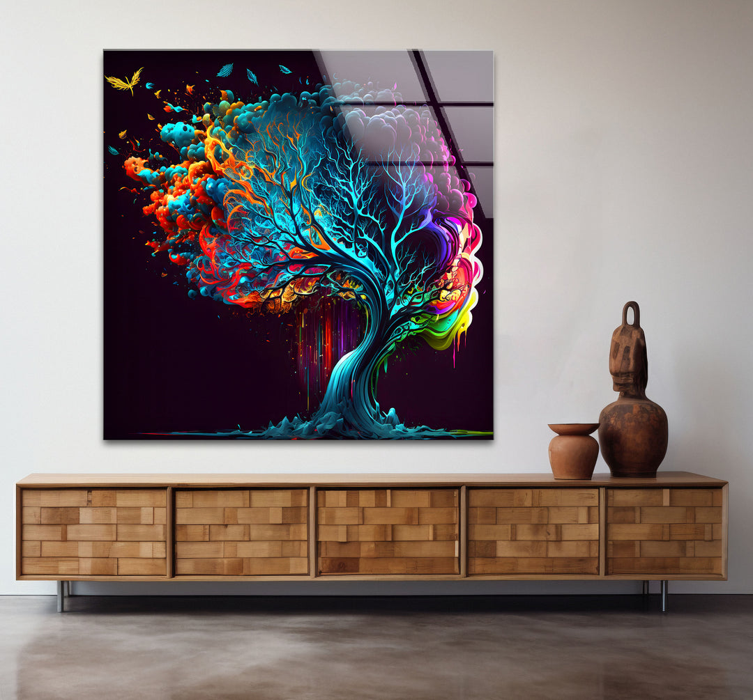 Farbenfrohe Fantasy-Baum-Wandkunst – Lebendiges abstraktes Glasdruck-Design