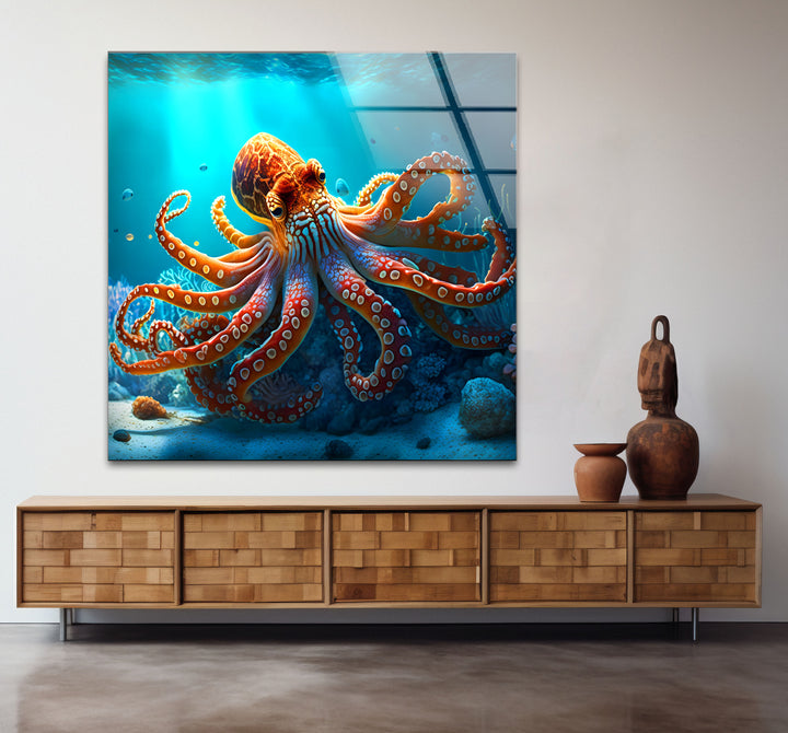 Octopus Underwater Wall Art – Vibrant Coral Reef Ocean Scene Glass Print