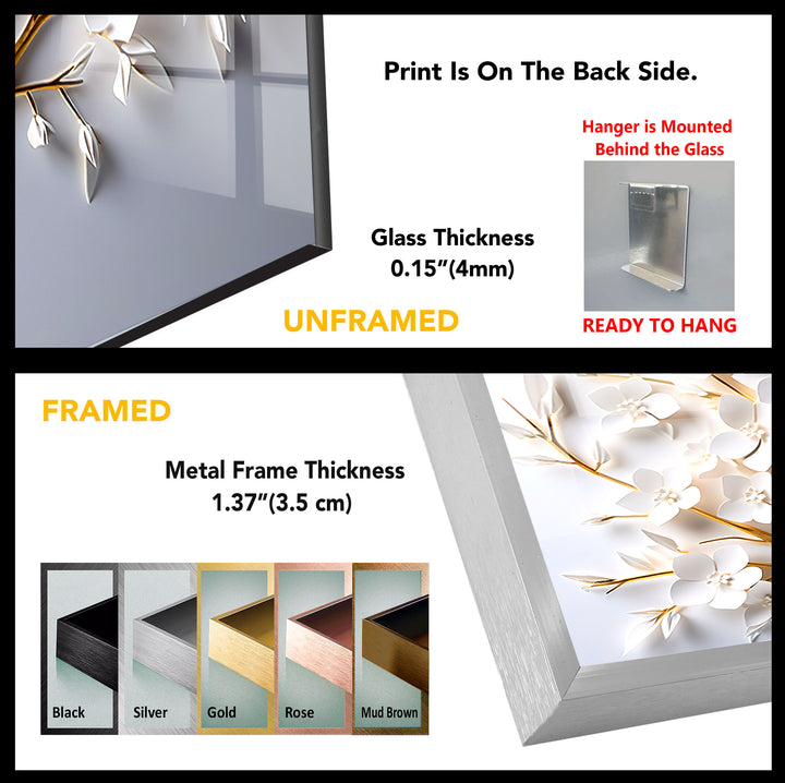 Golden Blooming Tree Wandkunst – Weißer Blumenglasdruck für elegantes Dekor
