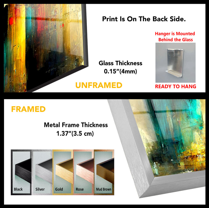 Abstract Cityscape Wall Art – Golden and Teal Urban Glass Print Design