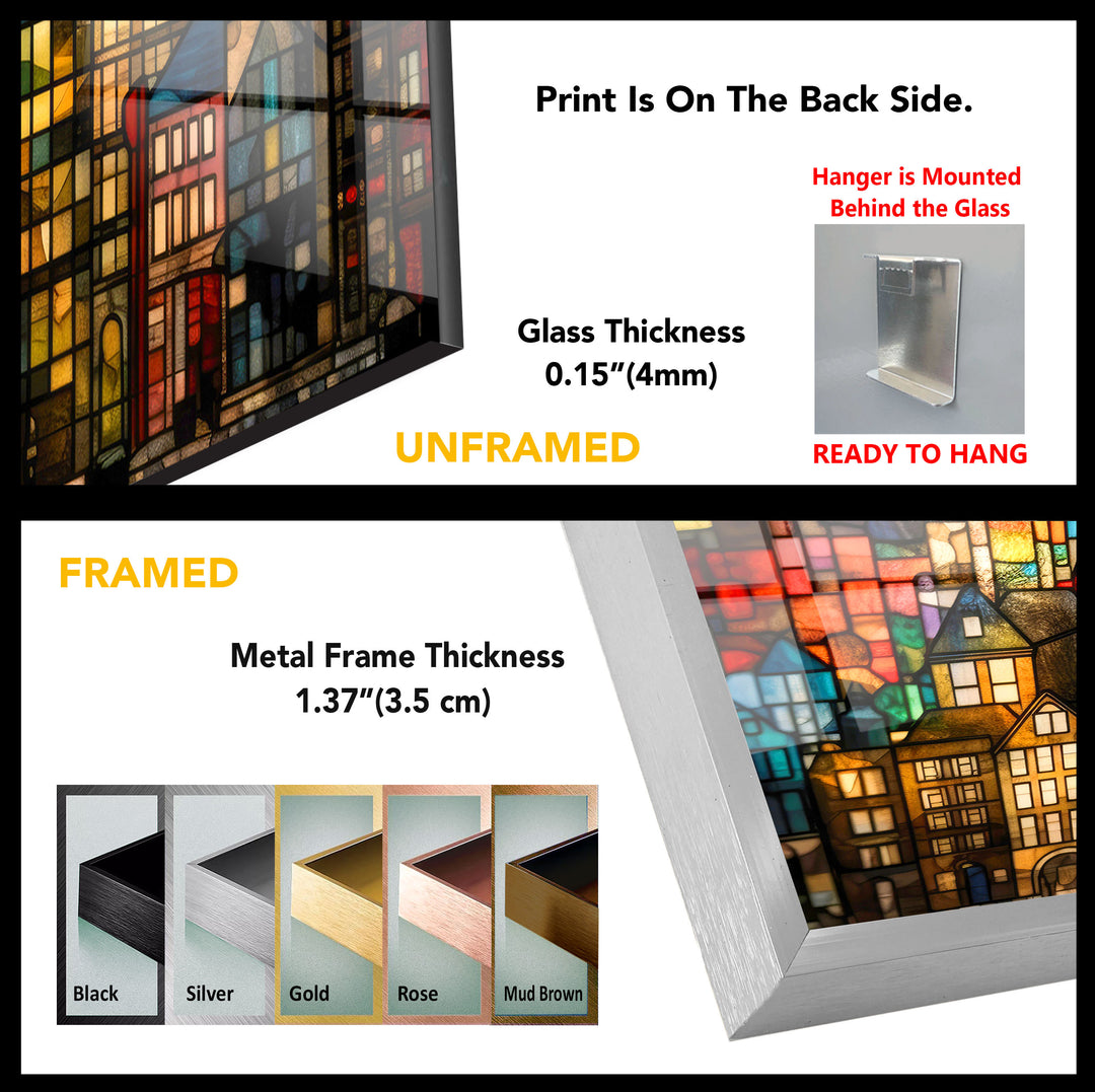 Bunte Stadtwandkunst aus Buntglas – Urban Skyline Glasdruck-Design