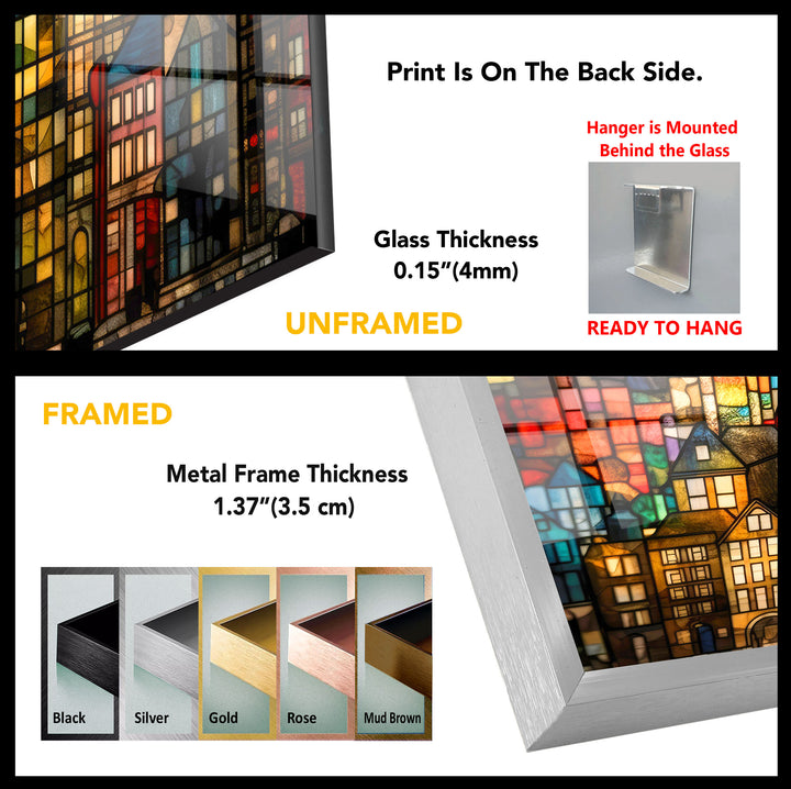 Bunte Stadtwandkunst aus Buntglas – Urban Skyline Glasdruck-Design