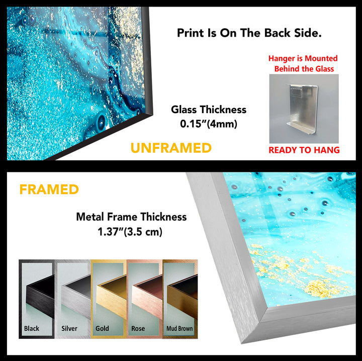 Blue and Gold Abstract Wall Art – Ocean-Inspired Glass Print Design