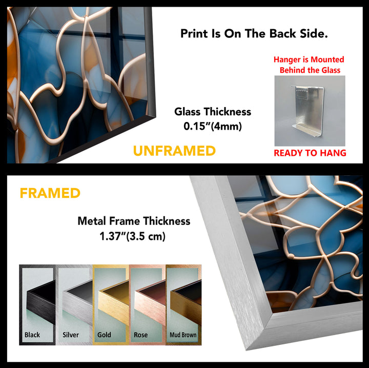 Blue & Amber Geometric Wall Art – Islamic Mandala Glass Print for Modern Interiors