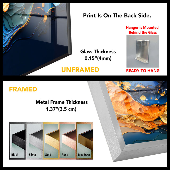 Blue Gold Abstract Wave Wall Art – Modern Fluid Glass Print for Interior Elegance