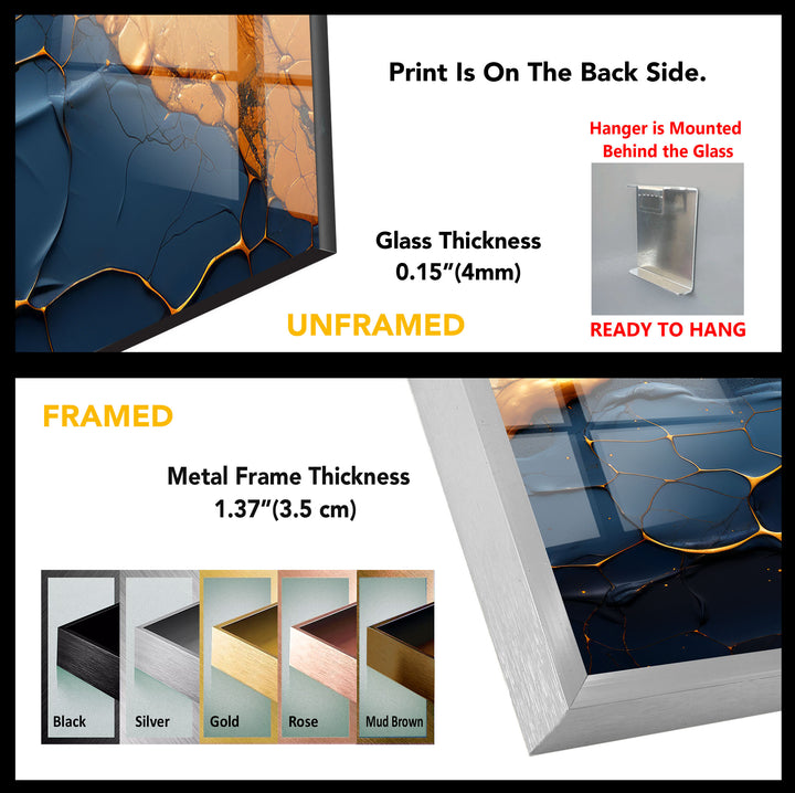Dark Blue and Gold Abstract Wall Art – Cracked Fluid Glass Print Design