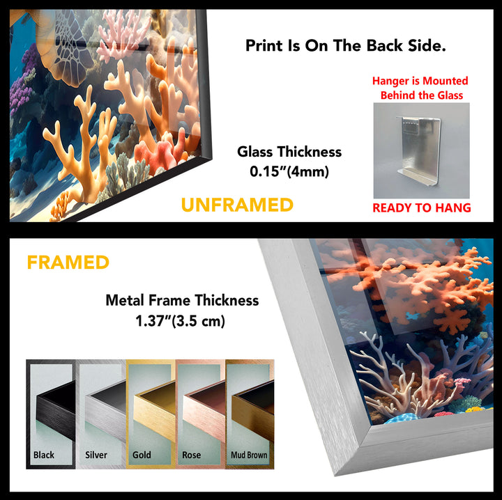 Sea Turtle Underwater Wall Art – Coral Reef Ocean Scene Glass Print