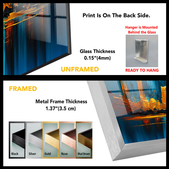 Blue and Gold Abstract City Wall Art – Vibrant Skyline Glass Print