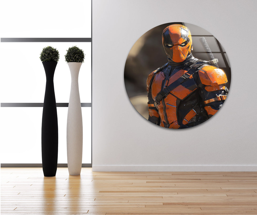 DeathStroke Orange Glass Wall Art picture on glass wall art, photos printed on glass
