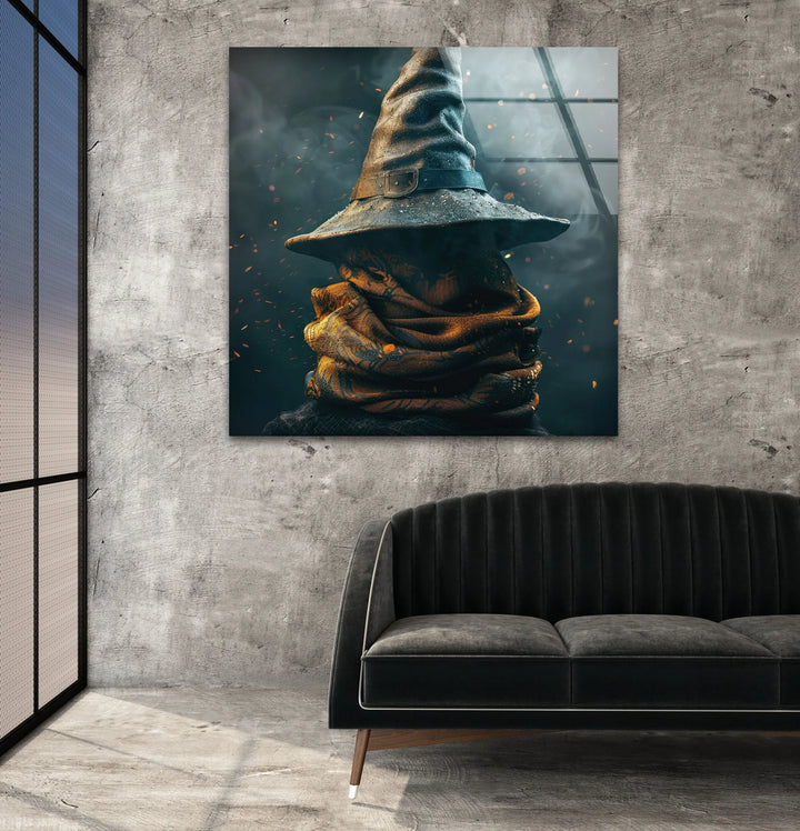 A mystical wizard hat with a pointed, weathered brim and leather strap, resting atop a textured cloak in a smoky, magical setting with glowing embers.