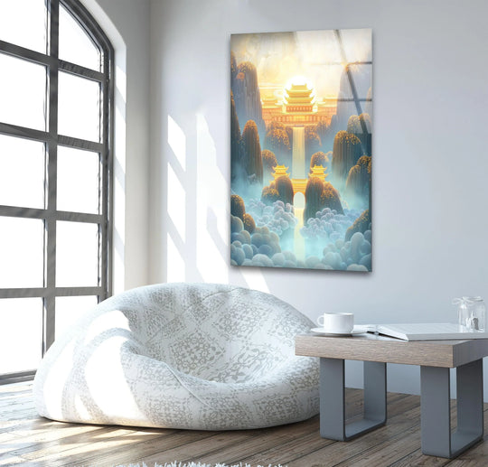 The majestic golden Chinese structure is the focal point of this art from glass, a stunning piece of glass wall art.