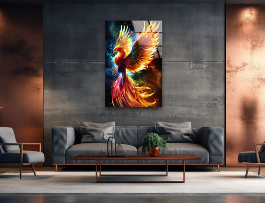 A majestic phoenix in fiery tones radiates a powerful and inspiring mood as decorative wall art.