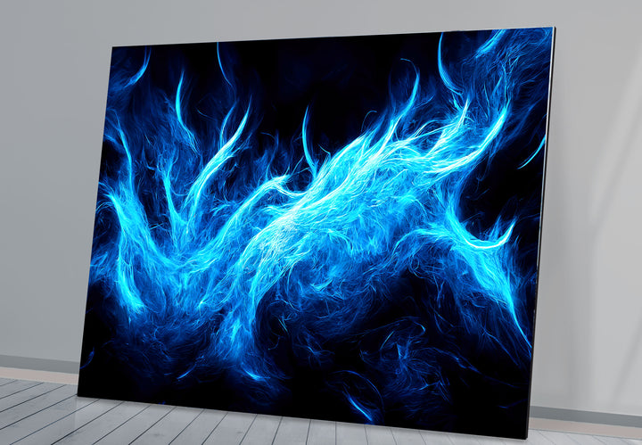 Blue Flame Abstract Glass Wall Art – Fiery Energy & Modern Decor