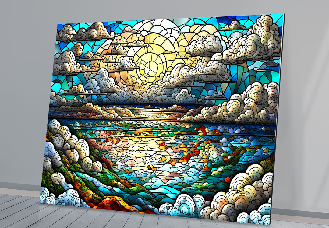 Serene Ocean Sunset Stained Glass Wall Art – Coastal Landscape Window Design