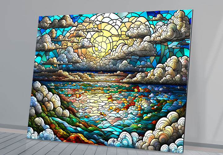 Serene Ocean Sunset Stained Glass Wall Art – Coastal Landscape Window Design