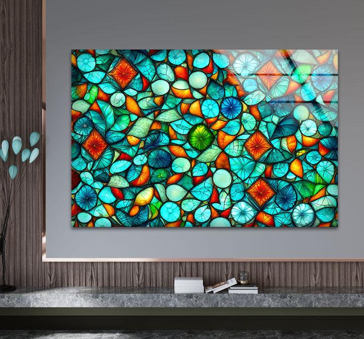 Lebendige Buntglas-Wandkunst – Abstraktes Mosaikmuster in Türkis und Orange
